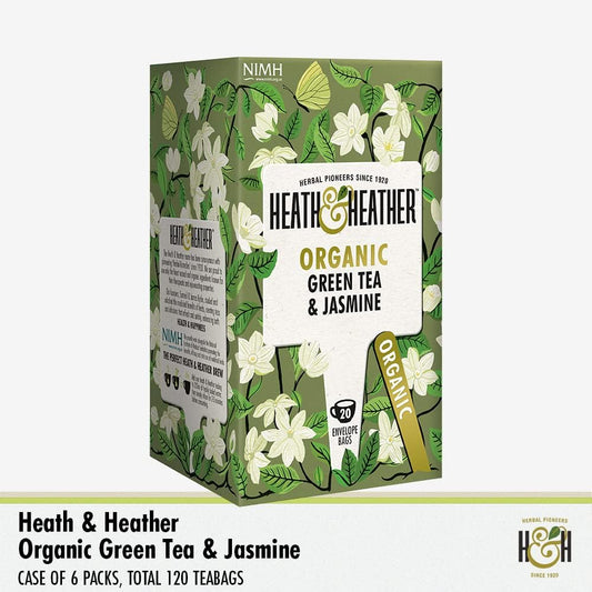 Heath & Heather Organic Green Tea With Jasmine (6 Packs Of 20, Total 120) Individually Wrapped Caffeine-Free Herbal Tea Infusions