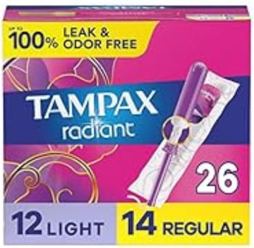 Tampax Radiant Tamponsduo Pack With Leakguard Braid, Light/Regular Absorbency, Unscented, 26 Count