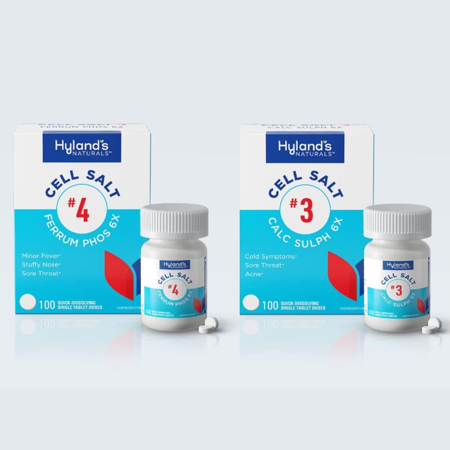 Bundle Of Hyland'S #4 Ferrum Phos 6X, Decongestant Sinus Relief, Inflammation Supplement + #3 Calcarea Sulphurica 6X Cold Relief, Cell Salts, Relief Of Colds, Sore Throat, Acne, 100 Ct Each