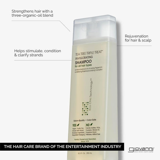 Giovanni Tea Tree Triple Treat Invigorating Shampoo - Cooling Peppermint, Eucalyptus & Rosemary, Helps Strengthen & Rejuvenate Hair & Scalp, Salon Quality, Paraben Free, Tea Tree Shampoo - 24 Oz