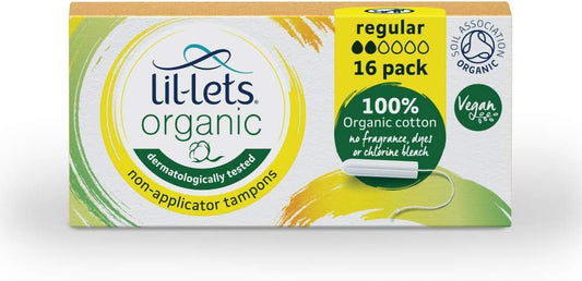 Lil-Lets Organic Non-Applicator Regular Tampons, 16 Count (Pack of 1), for Light to Medium Flow, Made with 100% Organic Cotton, GOTS Certified, Vegan Organic Tampons, Plastic Free Period Care