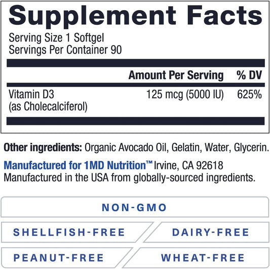 1MD Nutrition Vitamin D3 5000 IU Softgels | Bone Health, Muscle Function, & Immune Support | Gluten Free and Non-GMO with Organic Avocado Oil | 3-Month Supply