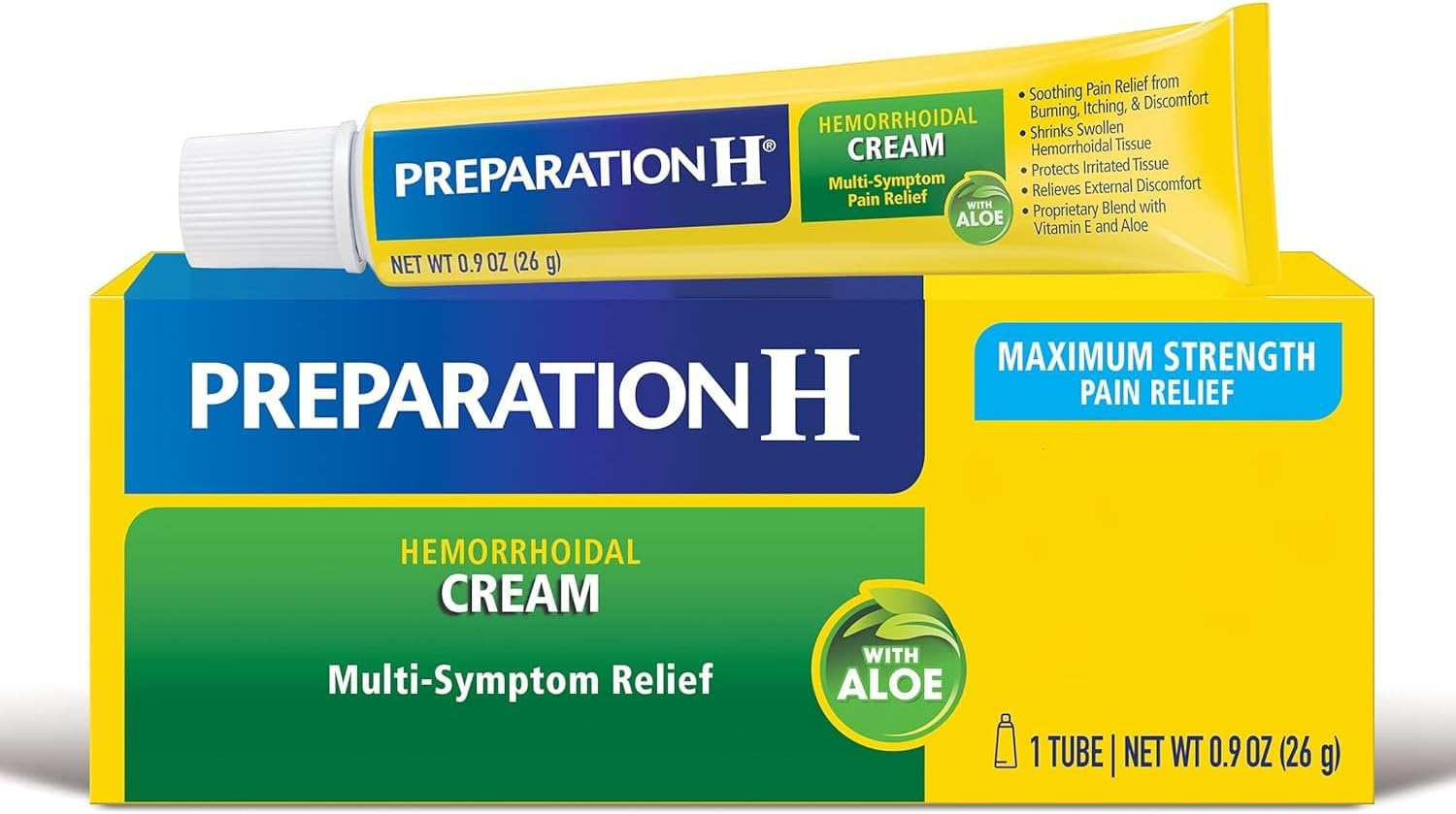 Preparation H Hemorrhoid Symptom Treatment Cream (0.9 Ounce Tube), Maximum Strength Multi-Symptom Pain Relief with Aloe