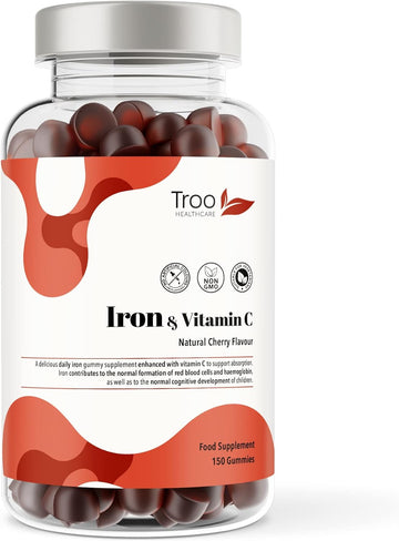 Iron & Vitamin C - 150 Natural Cherry Flavour Gummies - Tasty Chewable Supplement for Men, Women and Kids - Increased Absorption Supports Cognitive Development & Red Blood Cell Formation