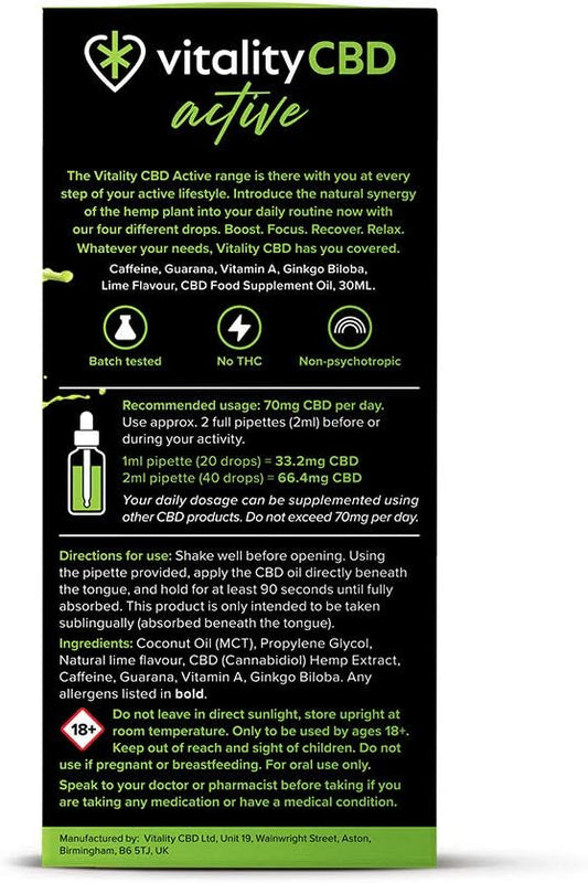 Vitality Cbd Active Focus Drops With Ginkgo Biloba, Vitamin A, Guarana, 1000Mg Of Cbd, 30Ml, Lime Flavour, No Thc