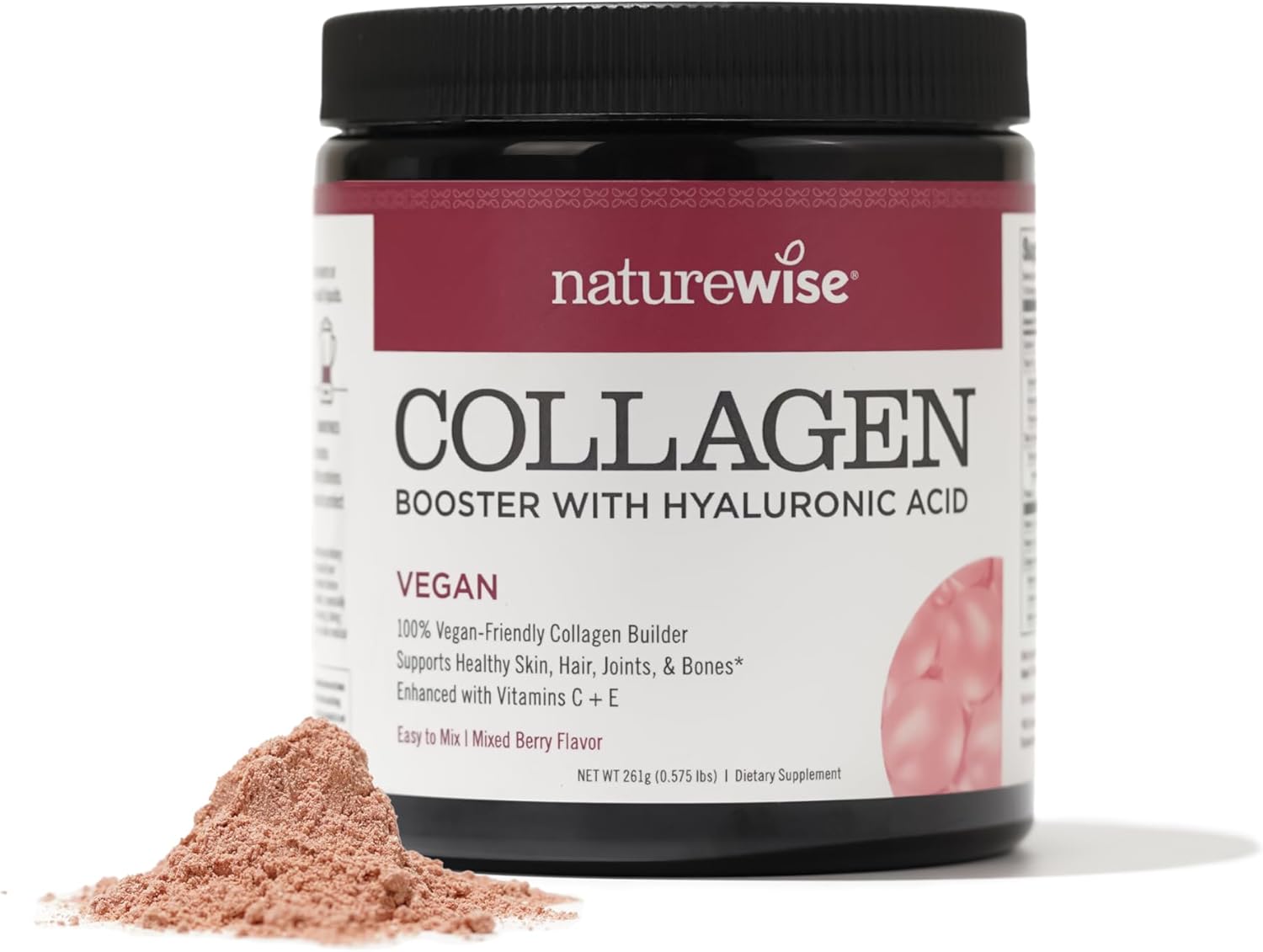 Naturewise Vegan Collagen Powder - Collagen Booster Formula For Healthy Hair, Skin, & Nails With Hyaluronic Acid, Vitamin C And E, Protein - Mixed Berry Flavor - Dairy-Free, Non-Gmo - 15 Servings