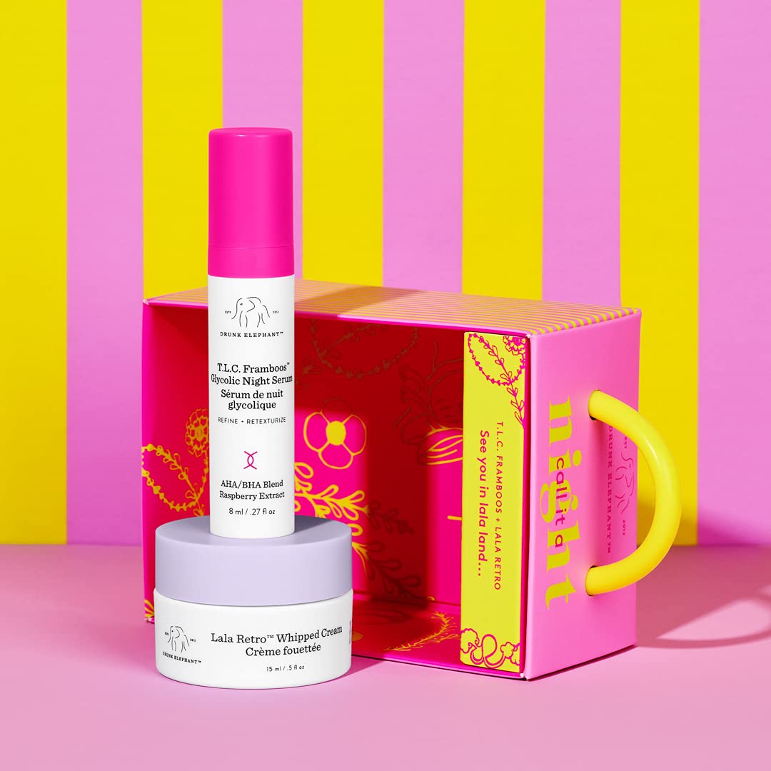 Drunk Elephant Call It A Night Evening Skin Kit - Night Skin Care Set. T.L.C. Framboos Glycolic Night Serum 8ml/.27fl oz, Lala Retro Whipped Cream, 15ml/.5fl oz. Smoothing and Replenishing Skin Care : Beauty & Personal Care