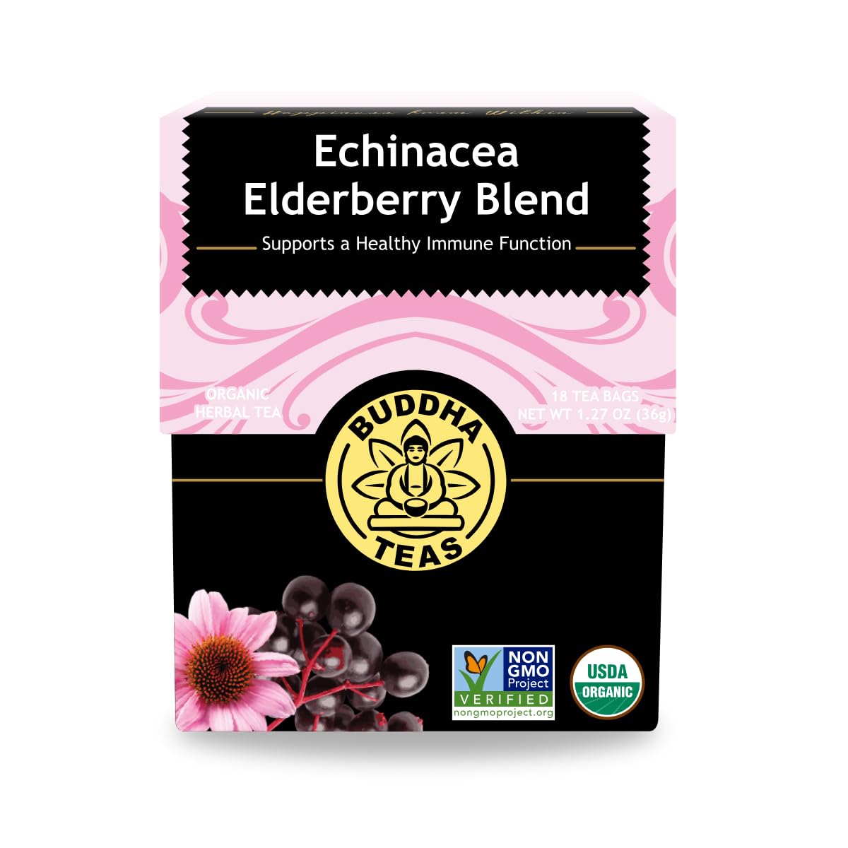 Buddha Teas - Organic Echinacea Elderberry Blend - Herbal Tea - For Health & Wellbeing - With Antioxidants & Minerals - Clean Ingredients - No Caffeine - Ou Kosher & Non-Gmo - 18 Tea Bags (Pack Of 1)