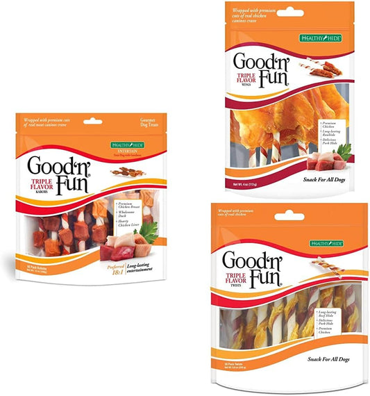 Good'N'Fun Triple Flavored Rawhide Kabobs 12 Oz, Wings 4 Oz, and Twist Chews 35 Count : Pet Supplies