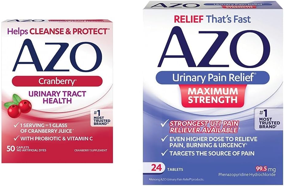 AZO Cranberry Urinary Tract Health Supplement, 1 Serving = 1 Glass of Cranberry Juice 50 Tablets + Urinary Pain Relief Maximum Strength, Fast Relief of UTI Pain, Burning & Urgency 24 Tablets