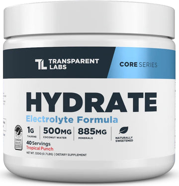 Transparent Labs Hydrate Naturally Sweetened Electrolytes Powder - Hydration Powder Electrolytes With Coconut Water, Calcium, Taurine, & Potassium - 40 Servings, Peach Mango