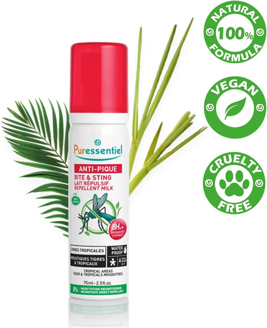 Puressentiel – Bite & Sting Waterproof Repellent Milky Lotion - Tropical Areas - Body And Face – 100% Natural Origin Formula Including Citronella – 8-Hour Efficacy - 75 Ml