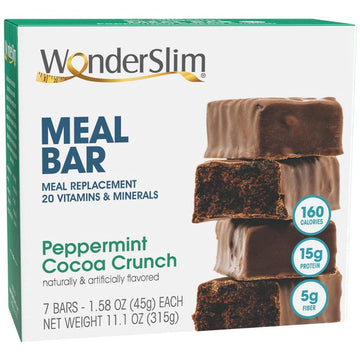 Wonderslim Meal Replacement Protein Bar, Peppermint Cocoa Crunch, 15G Protein, 20 Vitamins & Minerals, Gluten Free (7Ct)