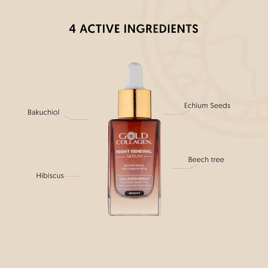 Gold Collagen Night Renewal- Face Serum, Boost Of Collagen & Elastin Skincare Regenerator & Natural Substitute For Retinol - Anti Aging, Fine Lines, Wrinkles Serum For Face Alcohol Free Skin Care 30Ml