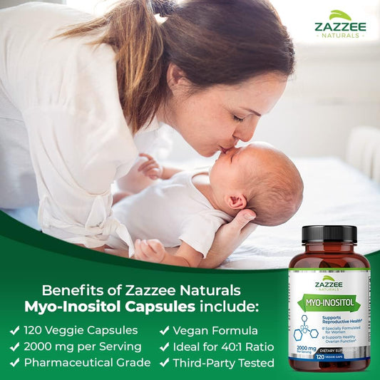 Zazzee Myo-Inositol Capsules, 2000 Mg Per Serving, 120 Vegan Capsules, Ideal Dosage For 40:1 Ratio, 100% Vegetarian, Hormone Balance & Healthy Ovarian Function Support, All-Natural And Non-Gmo