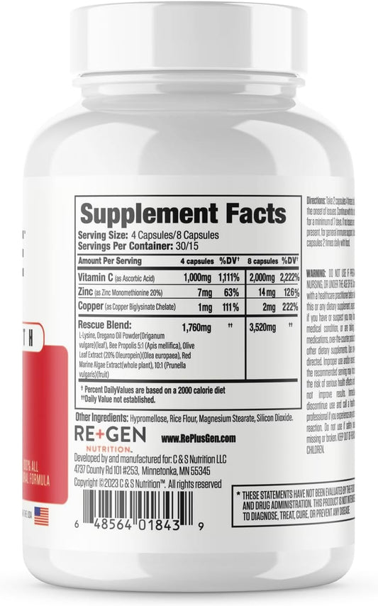 Re+Gen Nutrition HERPRESCUE Outbreak Support Supplement, Cold Sore Care for Adults, Natural Capsules w/Zinc, Vitamin C, & L lysine Amino Acid for Immune Health, 120 Capsules