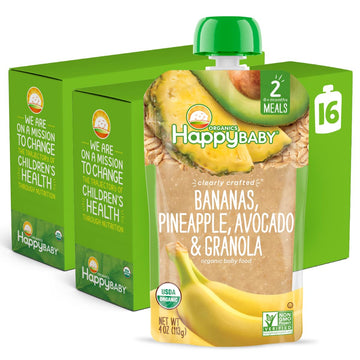 Happy Baby Organics Clearly Crafted Stage 2 Baby Food Bananas, Pineapples, Avocado & Granola, 4 Ounce Pouch (Pack Of 16) (Packaging May Vary)