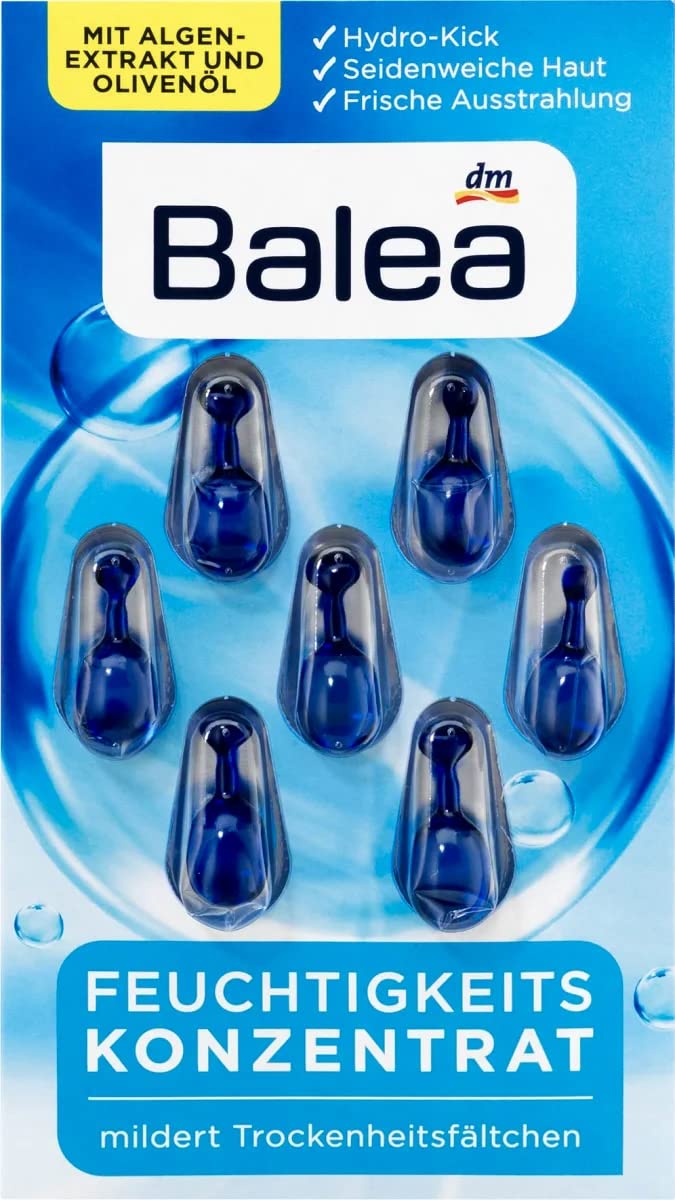 5 Packs X 7 Pcs I 35 Applications I Balea Moisturizing Concentrate - Hydrating Oil Facial Capsules With Seaweed Extract, Vitamin E And Olive Oil, Germany