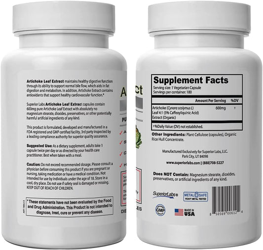 Superior Labs ? Organic Artichoke Leaf Extract NonGMO Powerful 5% Caffeoylquinic Natural Dietary Supplement to Support Healthy Metabolism, Digestion, Antioxidant, ? 600 mg Dosage ? 180 Veg Caps