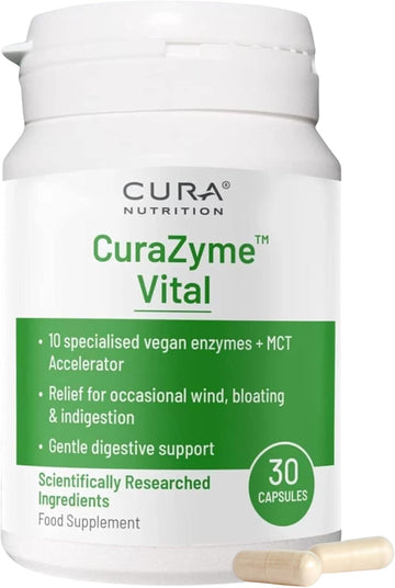 Cura Nutrition Curazyme Vital (90 Capsules) Digestive Enzymes Supplement For Gut Health Support, Basic Digest Formula For Bloating, Heartburn, Digestion Relief, Ideal For Sensitive Stomachs, Vegan