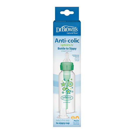 Dr. Brown'S Natural Flow Anti-Colic Options+ Narrow Sippy Bottle Starter Kit, 8Oz/250Ml, With Level 3 Medium-Fast Flow Nipple And 100% Silicone Soft Sippy Spout, Green, 6M+