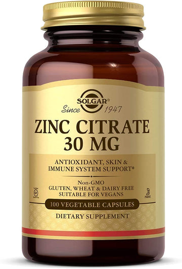 Solgar Zinc Citrate Vegetable Capsules, 100 Count, Non-Gmo, Gluten Free, And Kosher, Supports Immune System Health, Healthy Skin And Eyes, Normal Taste And Vision