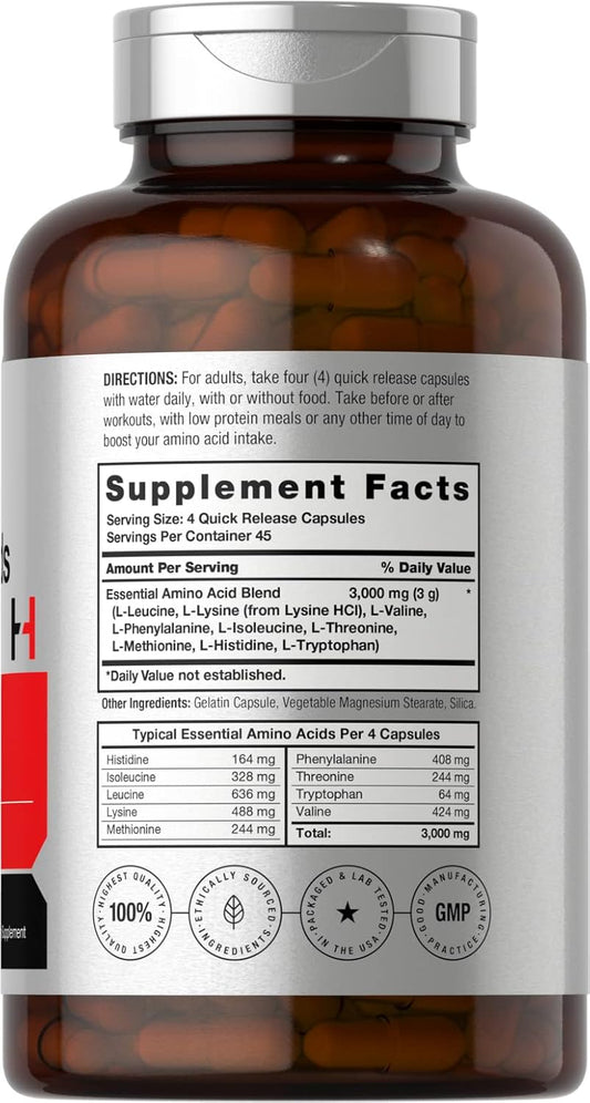 Horbäach Essential Amino Acids Supplement | 180 Capsules | Optimum Ratio With Bcaas | Non-Gmo & Gluten Free Eaa