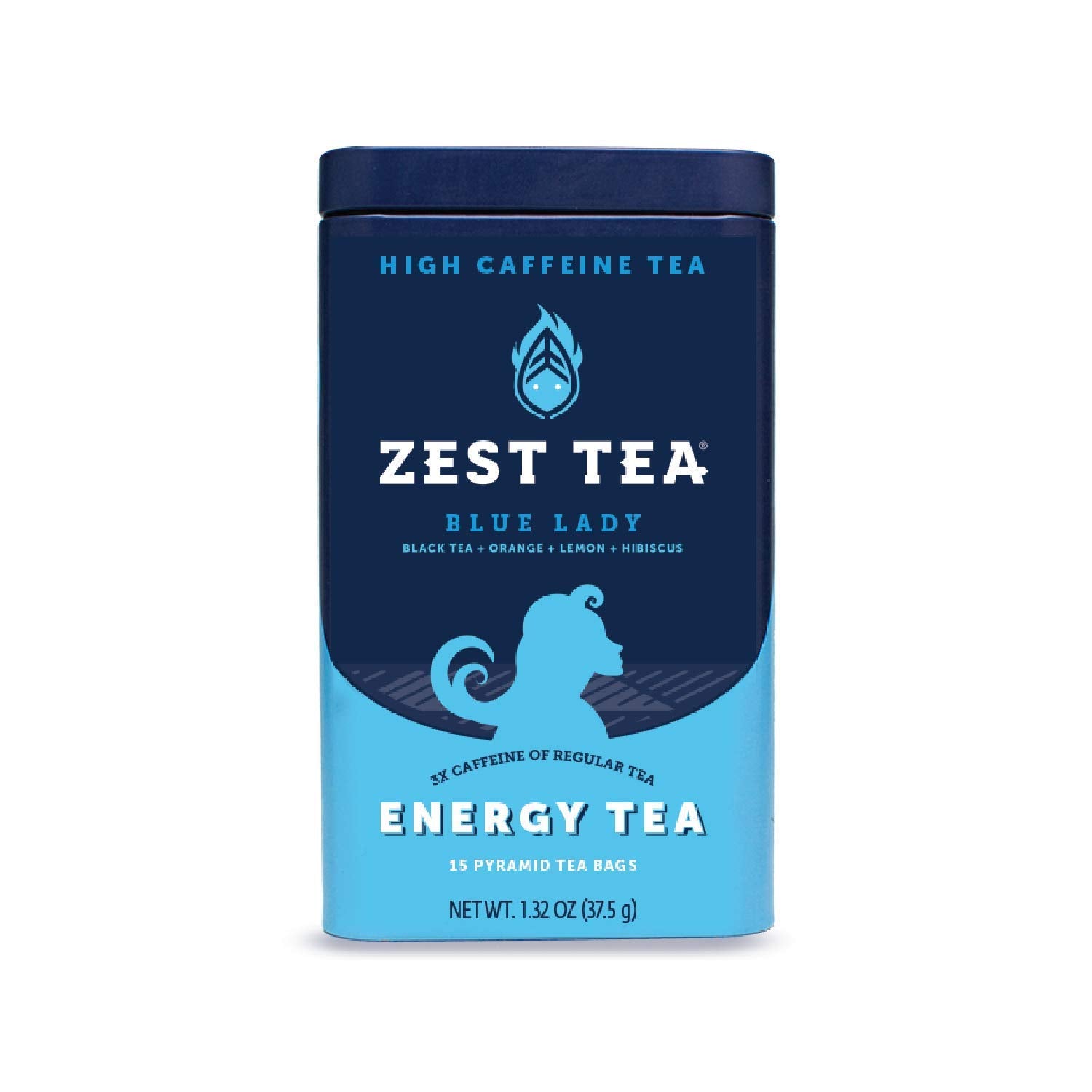 Zest Tea Premium Energy Hot Tea, High Caffeine Blend Natural & Healthy Traditional Black Coffee Substitute, Perfect For Keto, 150 Mg Caffeine Per Serving, Blue Lady Black Tea, Tin Of 15 Sachet Bags