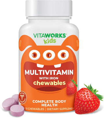 Kids Multivitamin with Iron & Minerals Chewable Tablets - Mixed Fruit Flavor - Vegetarian, GMO-Free, Nut Free - Dietary Supplement - Digestive Support for Children - 120 Chewables"