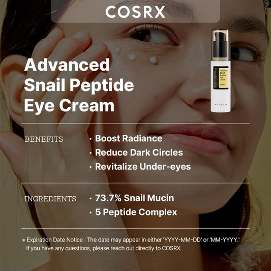 Cosrx Snail Mucin Peptide Under Eye Cream, 0.84 Fl Oz, 73.7% Snail Mucin And Niacinamide, Eye Care, Eye Cream Anti Aging, Dark Circles, Korean Skin Care