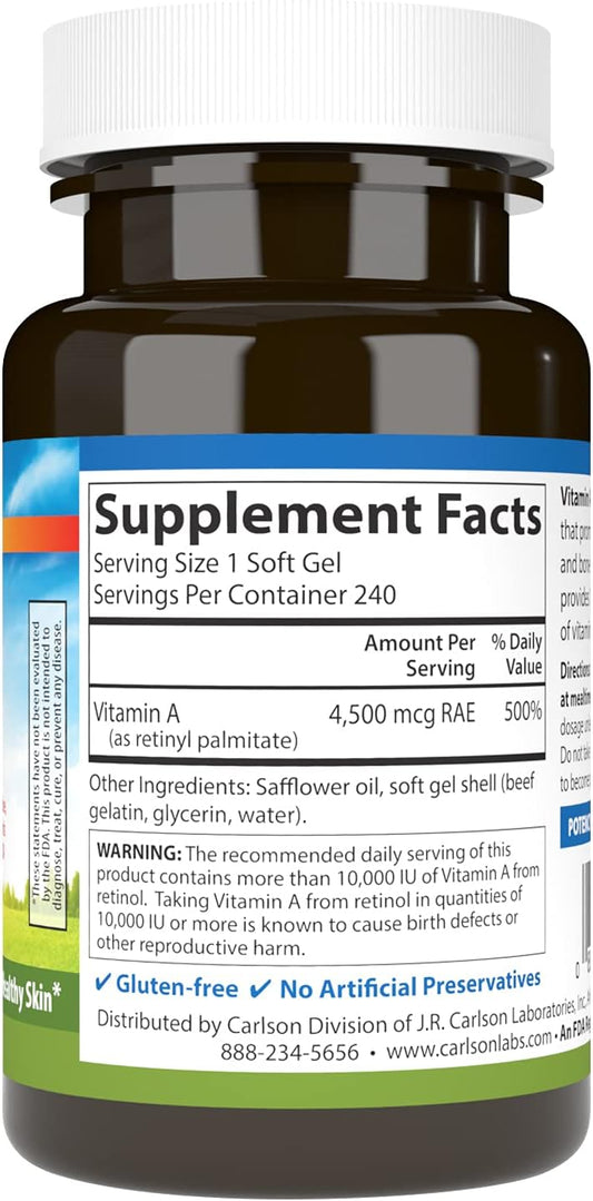 Carlson - Vitamin A, 15000 IU Palmitate (4500 mcg RAE), Vision Health & Healthy Skin, Immune Function, 240 Softgels