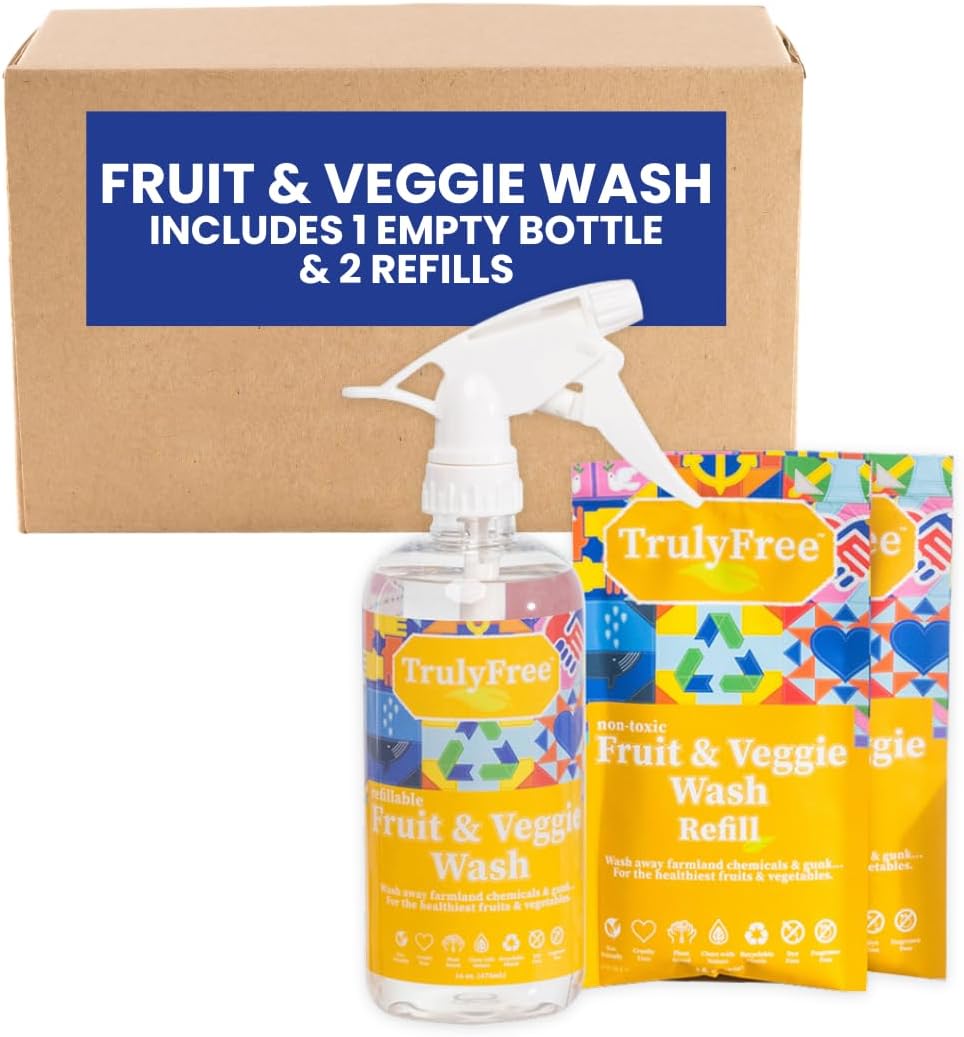 Truly Free Natural Fruit And Veggie Wash Kit - Produce Cleaner Spray (16Oz Reusable Empty Bottle + Two Pouches, 3Oz Ea.) - Diy Vegetable Washer & Fruit Cleanser