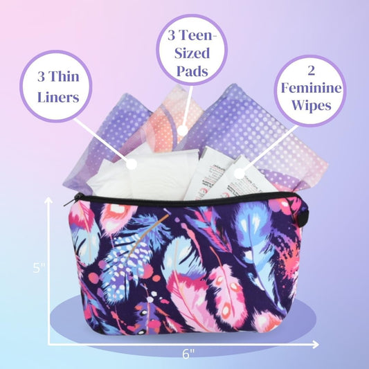 Teen First Period Pouch with Sanitary Napkins/Pads, Panty Liners, Wipes and Disposable Bags for Tweens and Teens (25)