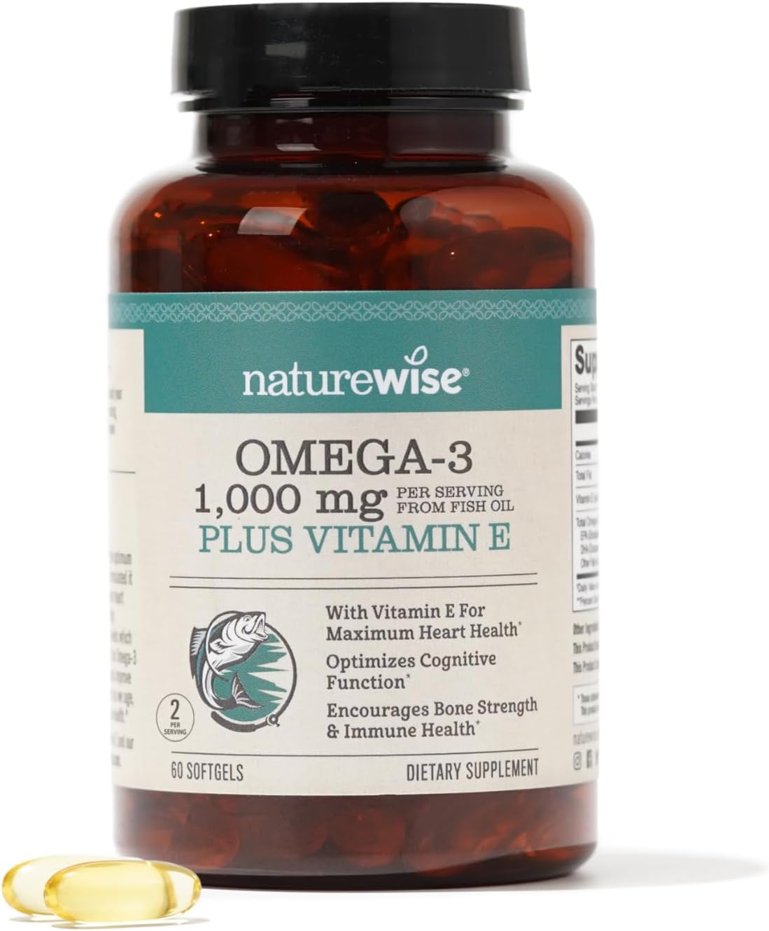 Naturewise Extra-Strength Omega 3 Fish Oil Supplement - 1000Mg Per Serving - 600 Epa & 400 Dha And Vitamin E - Support For Heart & Brain Health - Lemon Flavor, Non-Gmo - 60 Softgels[1-Month Supply]