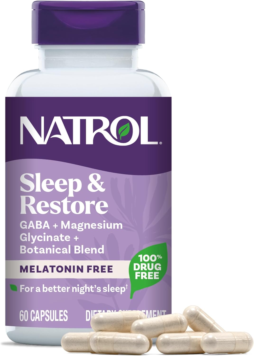 Natrol Sleep + Restore Capsules With Magnesium Glycinate 100Mg, Gaba, Botanical Blend For Better Night’S Rest, Melatonin-Free, 30 Day Supply