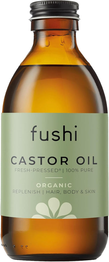 Fushi Organic Castor Oil 250Ml Glass Bottle 100% Pure Cold & Fresh-Pressed For Dry Skin & Hair Growth, Eyelashes & Eyebrows Hexane Free Natural Food-Grade Sustainably Sourced