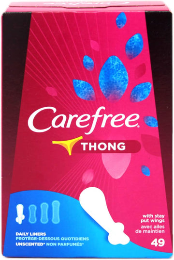 Carefree Thong Pantiliners, Regular Protection, Unscented, 196 Pantiliners (4 X 49 Count Boxes)