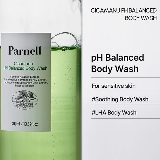 Parnell Cicamanu Ph Balanced Body Wash - Centella Asiatica, Salicylic Acid, Ceramide, Mild Cleansing And Soothing For Sensitive, Troubled And Acne-Prone Body Skin And Back Acne (13.5 Fl Oz / 400Ml)