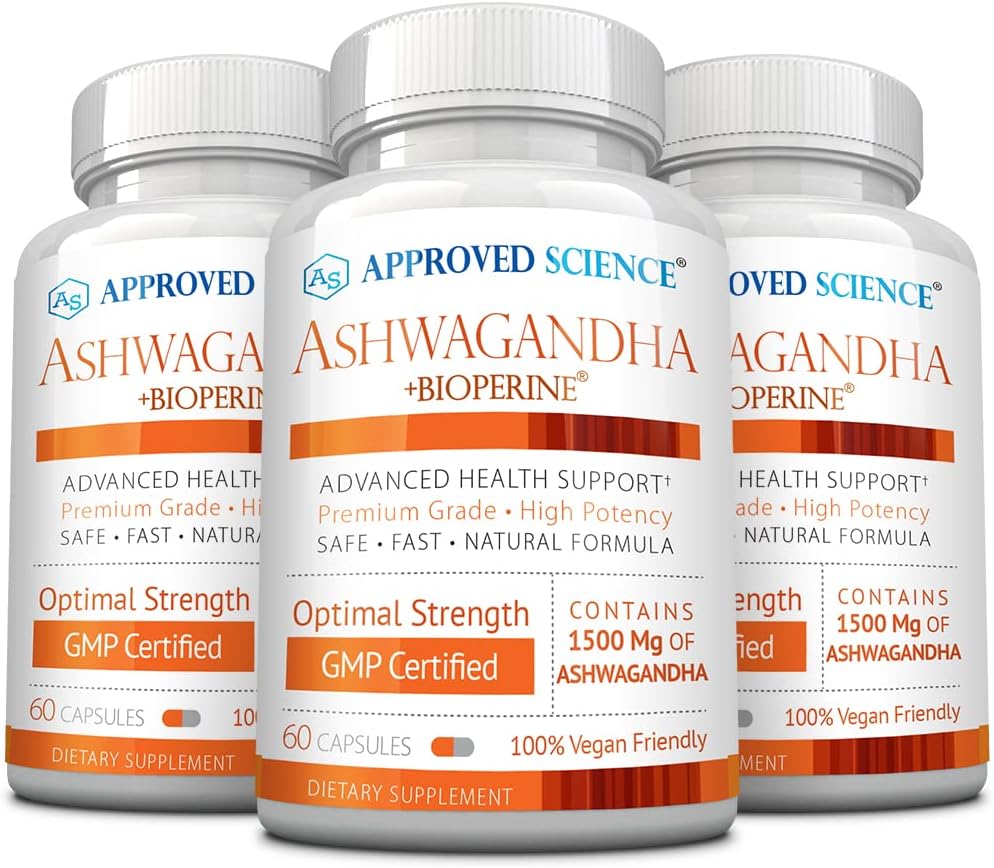 Approved Science Ashwagandha 1500mg with Bioperine? and Ginger- Boost Mood & Energy - 60 Vegan Friendly Capsules (3 Bottles)