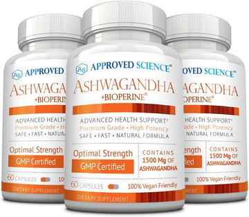 Approved Science Ashwagandha 1500mg with Bioperine? and Ginger- Boost Mood & Energy - 60 Vegan Friendly Capsules (3 Bottles)