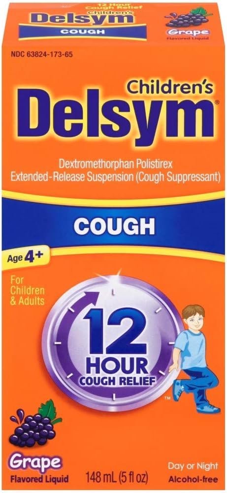 Delsym Children'S 12 Hour Cough Relief Liquid - Day Or Night Cough Syrup And Kids Cough Medicine, Grape, 3 Oz