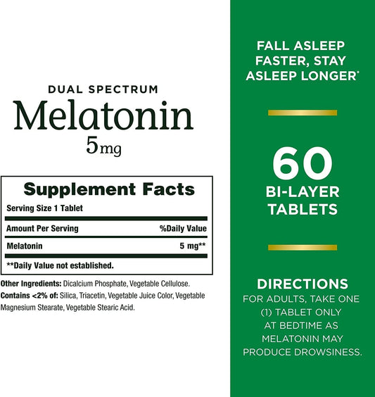 Nature'S Bounty Melatonin 5Mg Dual Spectrum, 100% Drug Free Sleep Supplement, Quick Release And Extended Release, Promotes Relaxation And Sleep Health, 60 Bi-Layer Tablets (Pack Of 2)