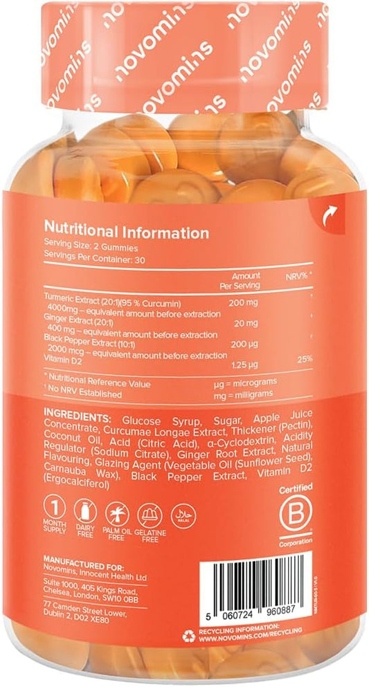 Turmeric Gummies – 4000Mg High Strength Turmeric And Ginger Gummies With Curcumin, Black Pepper & Vitamin D – Tumeric Supplements Joint Support –Immunity, Muscle & Bone – Novomins