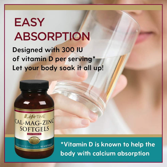 Lifetime Calcium Magnesium Zinc W/Vitamin D | Support Bone, Muscle & Immunity Health | Easy Absorption | Softgel Capsule | 90 Capsules, 30 Servings