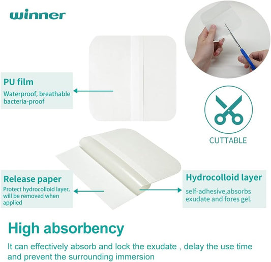 Winner Medical Sterile Hydrocolloid Adhesive Dressing 10 X 10 Cm10 Pack Extra Thin Wound Dressings For Light Exudate,Highly Absorbent Bed Sore Bandages Faster Healing