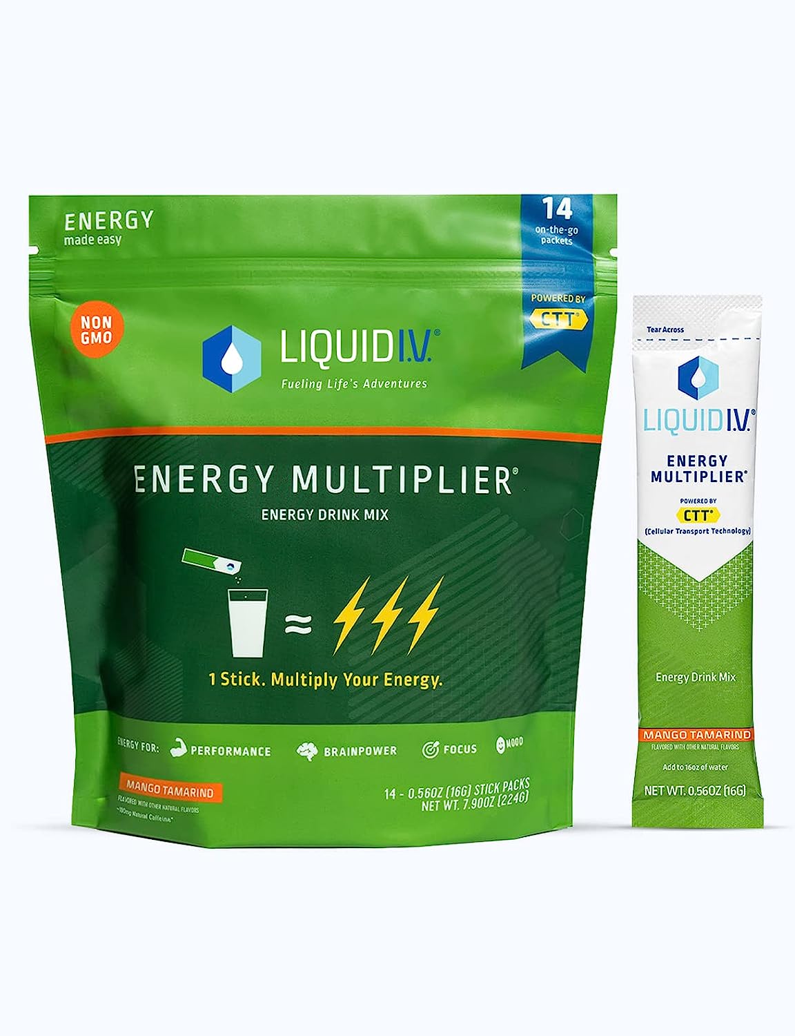 Liquid I.V. Hydration + Energy Multiplier - Mango Tamarind - Hydration Powder Packets | Electrolyte Powder Drink Mix | Easy Open Single-Serving Servings | Non-GMO | 1 Pack (14 Servings)