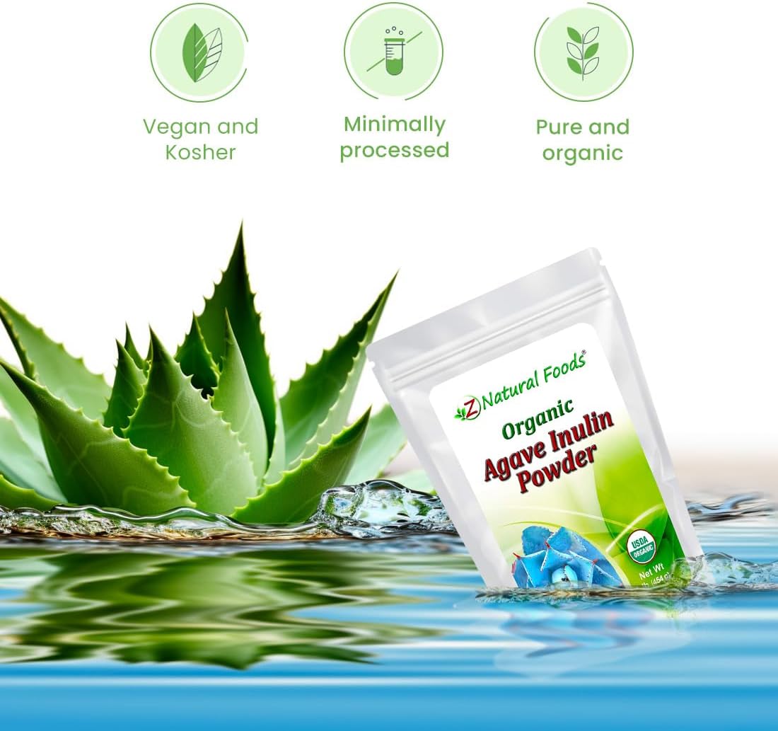 Z Natural Foods Organic Agave Inulin Powder, Natural Fiber Supplement, Prebiotic Superfood Powder for Drinks, Smoothies, and Recipes, Raw, Non-GMO, Vegan, Gluten-Free, Kosher, 1 lb : Health & Household