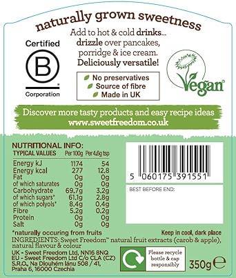 Sweet Freedom Pistachio Syrup - 350 G | Natural Great Taste With Sweetness Derived From Fruit | Ideal For Coffee, Baking & Dessert | No Preservatives Or Allergens | Vegan | Only 13 Kcal Per Teaspoon