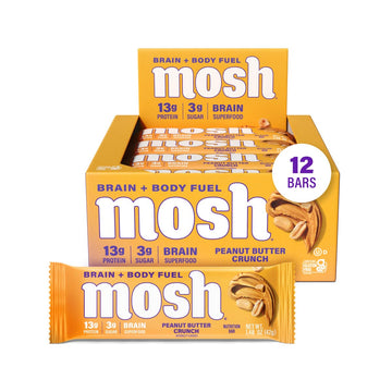 Mosh Peanut Butter Crunch Keto Protein Bars, High Protein, Gluten Free, Brain Healthy Snack With Ashwagandha And Lions Mane, 12 Count