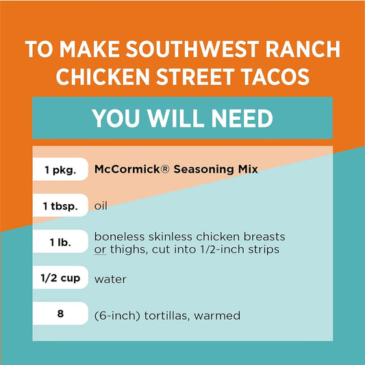 McCormick Street Taco Southwest Ranch Chicken Seasoning Mix, 0.87 oz (Pack of 12)